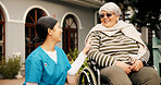 Happy, outdoor and nurse with senior woman in wheelchair for fresh air, wellness and support. Retirement, nursing home and caregiver talking to elderly person with disability in garden for relaxing