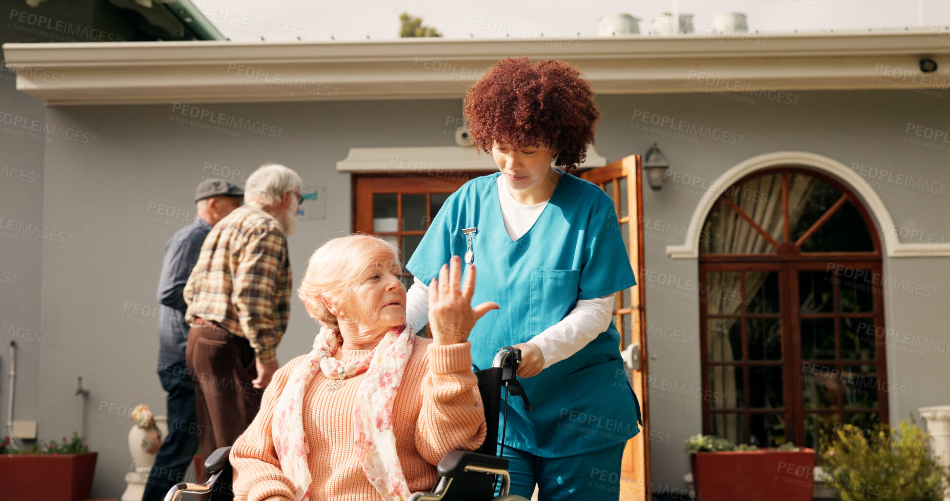 Buy stock photo Nurse, old woman and talk outdoor with wheelchair, push and recovery with healing at retirement home. Caregiver, conversation and elderly person with disability, rehabilitation and injury in garden