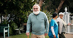 Happy, outdoor and portrait of senior man with smile for fresh air, wellness and relaxing in garden. Retirement, nursing home and elderly person in nature for peace, health and assisted living
