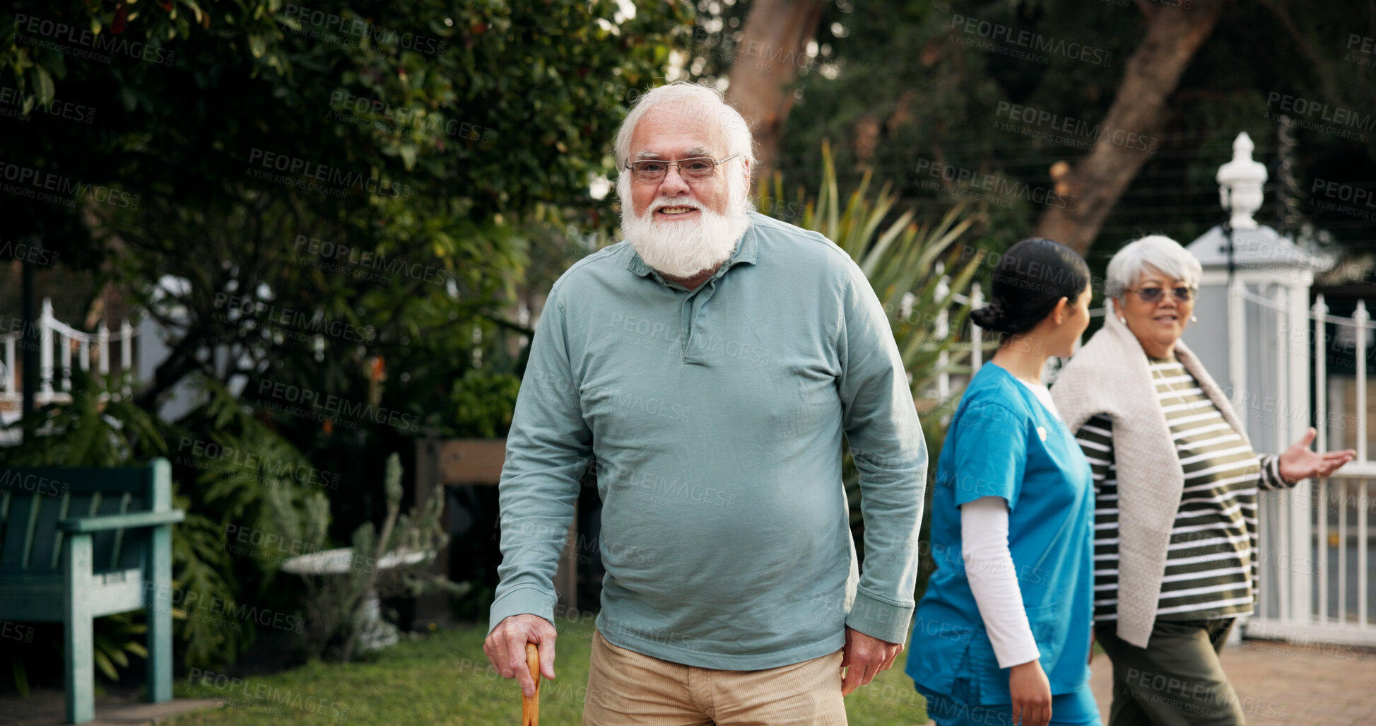 Buy stock photo Happy, outdoor and portrait of senior man with smile for fresh air, wellness and relaxing in garden. Retirement, nursing home and elderly person in nature for peace, health and assisted living