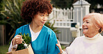 Home, groceries and senior woman with help for assistance, support and care walking to door. Retirement, caregiver and elderly person with shopping bag of food outdoor for kindness, service and talk