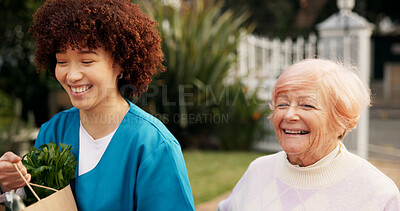 Buy stock photo Home, groceries and senior woman with nurse for assistance, support and care walking to door. Retirement, caregiver and elderly person with shopping bag of food outdoor for kindness, service and help