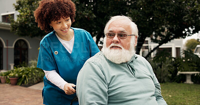Buy stock photo Wheelchair, nurse and help with old man outdoor for healthcare, occupational therapy and support. Kindness, rehabilitation and medical advice with person with a disability in nursing home for trust