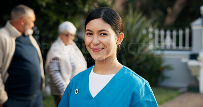 Buy stock photo Happy, caregiver and portrait of woman outdoor with smile for fresh air, wellness or career at nursing home. Nature, backyard and confident person with pride for assisted living, senior care or nurse