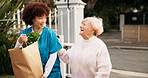 Home, groceries and senior woman with caregiver for assistance, support and care walking to door. Retirement, nurse and elderly person with shopping bag of food outdoor for kindness, service and help