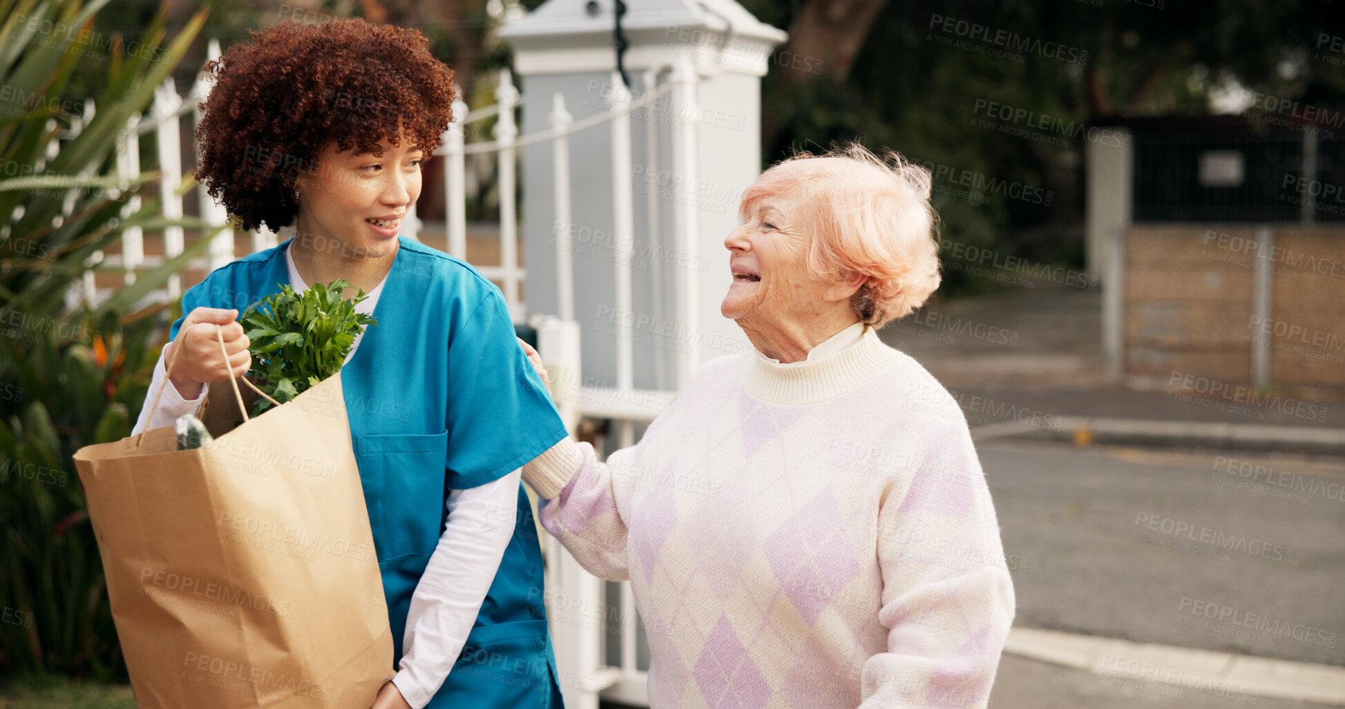 Buy stock photo Home, groceries and senior woman with caregiver for assistance, support and care walking to door. Retirement, nurse and elderly person with shopping bag of food outdoor for kindness, service and help