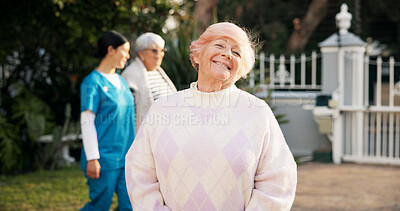 Buy stock photo Portrait, nursing home and old woman with smile, backyard and confidence with pride. Face, people and elderly lady in garden, retirement and routine for daily movement, health and wellness with break