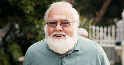 Buy stock photo Happy, garden and portrait of senior man with smile for fresh air, wellness and relaxing outdoor. Retirement, nursing home and face of elderly person in nature for peace, health and assisted living