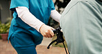 Wheelchair, nurse and hands with old man outdoor for healthcare, occupational therapy and support. Kindness, rehabilitation and medical advice with person with a disability in nursing home for trust