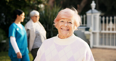 Buy stock photo Happy, outdoor and portrait of senior woman with smile for fresh air, wellness and relaxing in garden. Retirement, nursing home and elderly person backyard for peace, health and assisted living