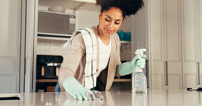 Buy stock photo Cleaning, table and spray with woman in kitchen for washing, hygiene and bacteria prevent. Sanitary, safety and dirt with cleaner and liquid in home for soap, housekeeping and germ disinfectant