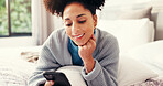 Happy, weekend and woman with phone on bed for social media, networking and online chatting. Home, bedroom and person on smartphone for connection to internet, website or typing message on mobile app