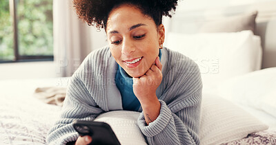 Buy stock photo Happy, weekend and woman with phone on bed for social media, networking and online chatting. Home, bedroom and person on smartphone for connection to internet, website or typing message on mobile app