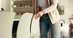 Home, tidy and hands of woman with chair for housekeeping, daily routine and neat house. Dining table, living room and person organize furniture for chores, cleaning and maintenance for housework