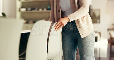 Buy stock photo Home, tidy and hands of woman with chair for housekeeping, daily routine and neat house. Dining table, living room and person organize furniture for chores, cleaning and maintenance for housework