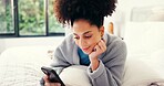 Happy, smile and woman with phone on bed for social media, networking and online chatting. Home, bedroom and person on smartphone for connection to internet, website and typing message for contact