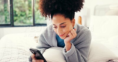 Buy stock photo Happy, smile and woman with phone on bed for social media, networking and online chatting. Home, bedroom and person on smartphone for connection to internet, website and typing message for contact
