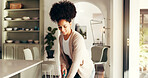 Smile, woman and cleaning with mop at house for hygiene, housework and remove dust on floors. Female person, equipment and ground sanitation for dirt prevention, housekeeping routine and daily chores