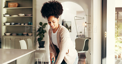Buy stock photo Smile, woman and cleaning with mop at house for hygiene, housework and remove dust on floors. Female person, equipment and ground sanitation for dirt prevention, housekeeping routine and daily chores