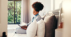 Morning, woman and reading diary in bedroom for future goal, planning and growth in notebook. Relax, writing or person with journal for gratitude reflection, inspiration or inspirational affirmations