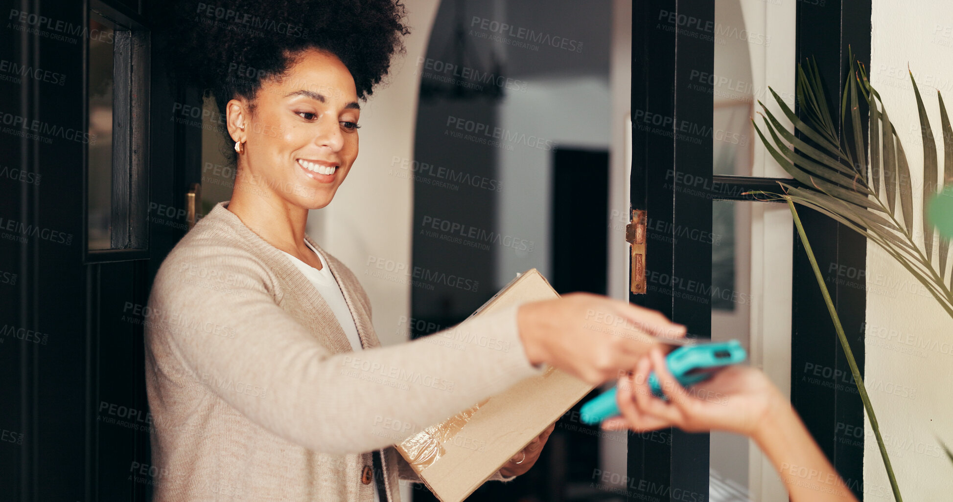 Buy stock photo Woman, credit card and payment for delivery with pos, box and logistics service at home. Debit, customer and purchase package with courier at front door for order, shipping and smile for transaction