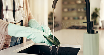 Buy stock photo Cleaning, water and hands of person in kitchen for washing dishes, hygiene and prevent bacteria. Sanitary, safety and dirt with cleaner and liquid in home for soap, housekeeping and germ disinfectant