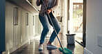 Mop, spring cleaning and woman in home for hygiene, sanitizing or disinfection routine. Housekeeping, equipment and female person washing floors to bacteria, germs or dirt removal in apartment.