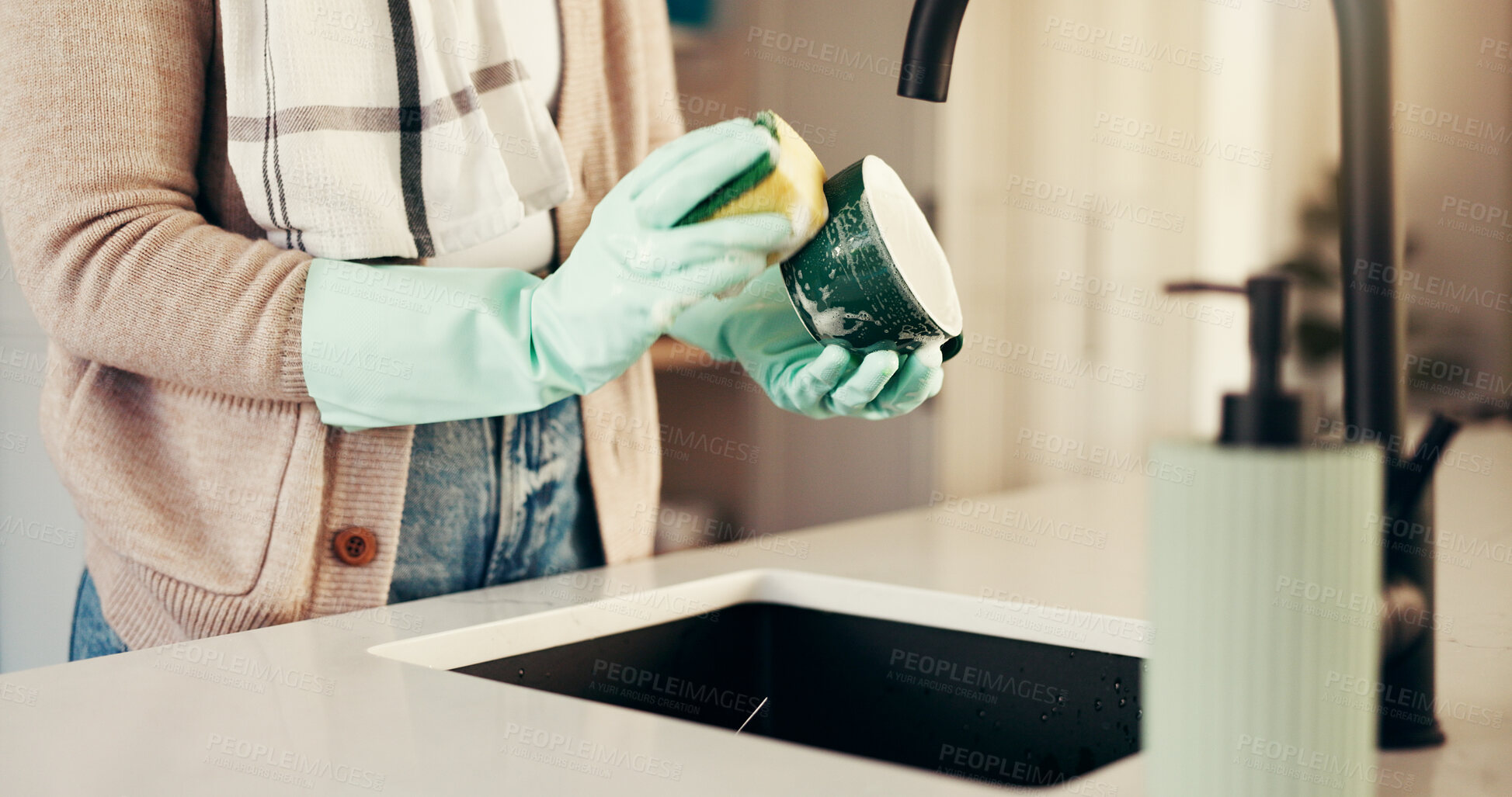 Buy stock photo Cleaning, dishes and hands of person in kitchen for washing, hygiene and bacteria prevent. Sanitary, safety and dirt with cleaner and liquid in home for soap, housekeeping and germ disinfectant