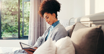 Buy stock photo Morning, woman and reading notebook in bedroom for future goal, planning and growth. Relax, writing and female person with journal for gratitude reflection, inspiration and inspirational affirmations