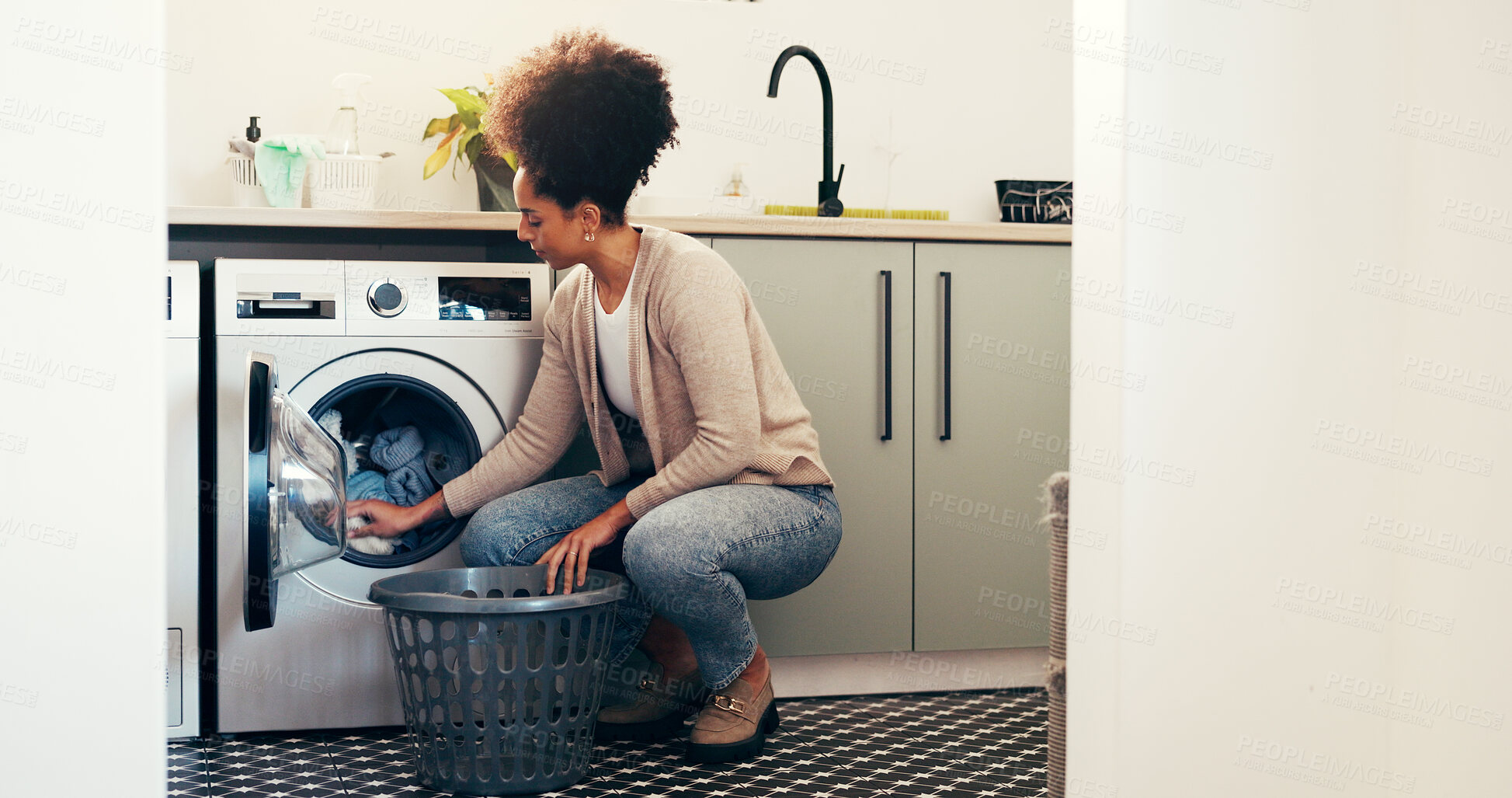Buy stock photo Clothes, basket and laundry with woman and washing machine for cleaning, hygiene and fabric softener. Housekeeping, loading and chores with person in home for washroom, fresh linen and detergent