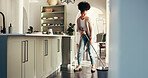 Hygiene, woman and cleaning with mop on floor for housework, housekeeping or maintenance service. Happy African cleaner, home and chores in kitchen with tools for sanitation, bacteria safety or shine