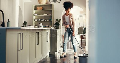 Buy stock photo Hygiene, woman and cleaning with mop on floor for housework, housekeeping or maintenance service. Happy African cleaner, home and chores in kitchen with tools for sanitation, bacteria safety or shine