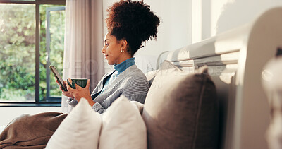 Buy stock photo Woman, coffee and scroll with phone in bed for reading online news, weekend break or streaming. Relax, african person and caffeine with smartphone in home for social media post or browsing dating app
