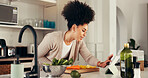 Cooking, woman and research recipe on tablet, smile and checking for instructions on web and online. Meal prep, process and African person with tech for tutorial, ingredients or social media in house