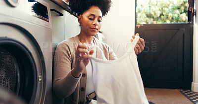 Buy stock photo Laundry, woman and loading clothes in washing machine for housekeeping, fresh linen or hygiene. Maintenance, housewife and sort textiles in home for clean fabric, domestic chores or housework routine