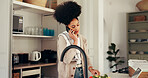 Phone call, cooking and woman in kitchen for nutrition, healthy diet or recipe tips. Food, meal prep and African person with tech in home for chat, talk and advice with vegetables for organic salad