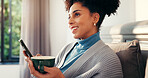 Coffee, phone and woman on sofa in home with networking, social media or mobile app for contact. Happy, cappuccino and female person with cellphone for communication in living room at apartment.