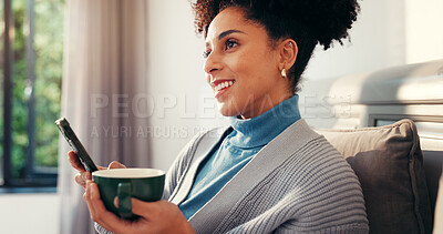 Buy stock photo Coffee, phone and woman on sofa in home with networking, social media or mobile app for contact. Happy, cappuccino and female person with cellphone for communication in living room at apartment.