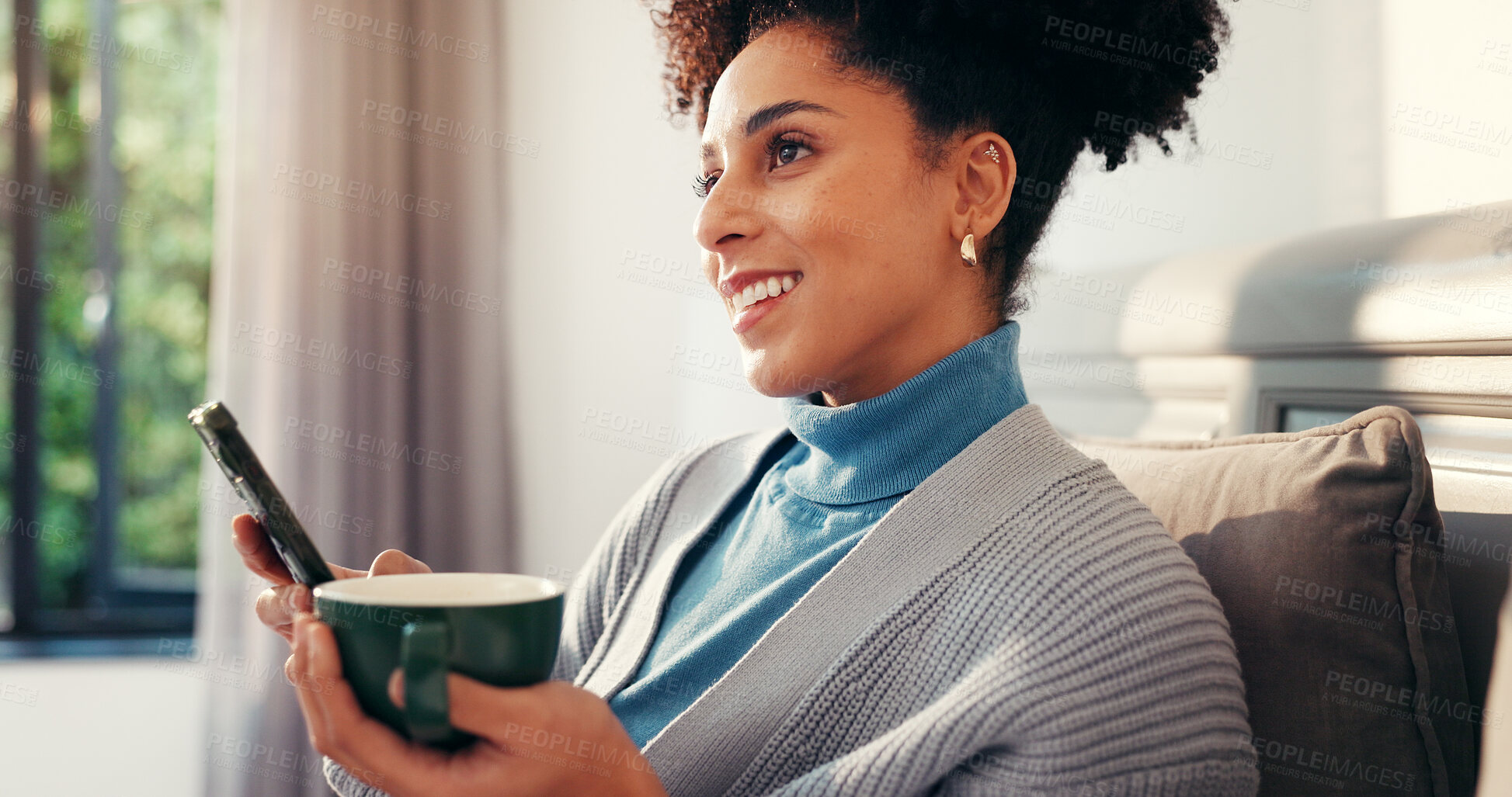 Buy stock photo Coffee, phone and woman on sofa in home with networking, social media or mobile app for contact. Happy, cappuccino and female person with cellphone for communication in living room at apartment.