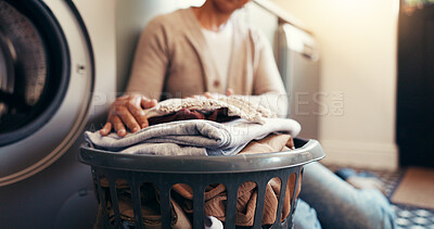 Buy stock photo Clothes, basket and laundry with hands of woman or washing machine for cleaning, hygiene and fabric softener. Housekeeping, cleaner or chores with person in home for washroom, linen or responsibility