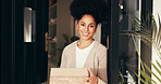 Woman, box and portrait at front door for ecommerce, smile and customer experience with delivery at home. African person, package and happy with deal, sale or discount for product at house in Kenya