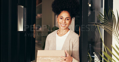 Buy stock photo Woman, box and portrait at front door for ecommerce, smile and customer experience with delivery at home. African person, package and happy with service, sale or discount deal for product at house