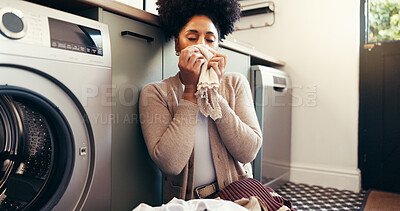 Buy stock photo Clothes, smell and laundry with woman and washing machine for cleaning, hygiene and fabric softener. Housekeeping, cleaner and chores with person in home for aroma, fresh linen and detergent scent