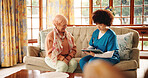 Tablet, healthcare and caregiver with senior woman in retirement home for consultation with research. Digital technology, medical checkup and nurse with elderly female patient for treatment plan.