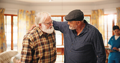 Buy stock photo Nursing home, senior men and friends with smile, conversation and bonding together in living room. Pensioners, group or old people in lounge, discussion and retirement with memory, support or talking