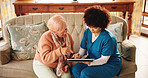 Technology, medical and nurse with senior woman in retirement home for consultation with research. Tablet, healthcare checkup and caregiver with elderly female patient for treatment plan in house.