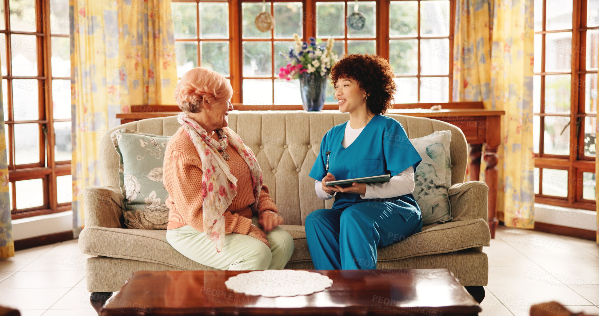 Buy stock photo Caregiver, senior woman and tablet in retirement home for medical consultation with research. Digital technology, healthcare checkup and nurse with elderly female patient for treatment plan.