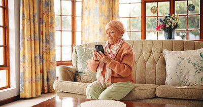 Buy stock photo Senior woman, good news and phone on sofa for email notification, tax rebate or online bet prize. Happy, old person and relax with smartphone in home for reading gossip story and lottery bonus winner