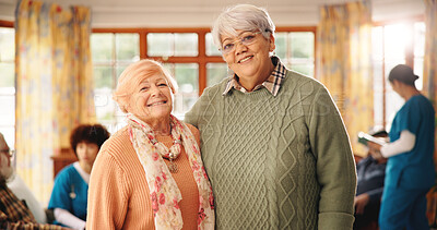 Buy stock photo Smile, portrait and hug with old people in nursing home for retirement, healthcare support and love. Elderly care, medical homecare and caregiver facility with friends in assisted living center
