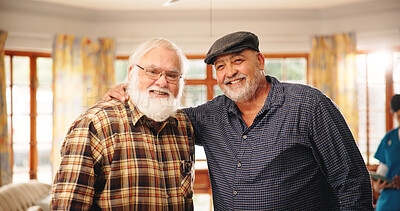 Buy stock photo Happy, portrait and hug with old men in nursing home for retirement, healthcare support and love. Elderly care, medical and caregiver facility with friends in assisted living center and trust
